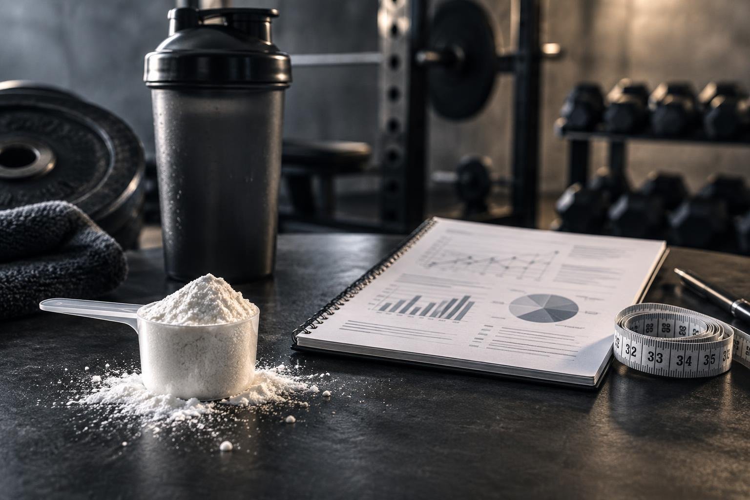 Creatine research concept with supplement powder and fitness testing tools