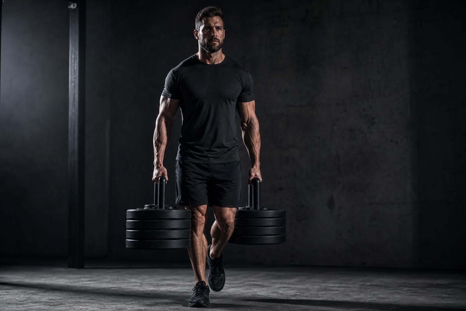 Athlete performing a Farmer's Walk in a dark strength training space
