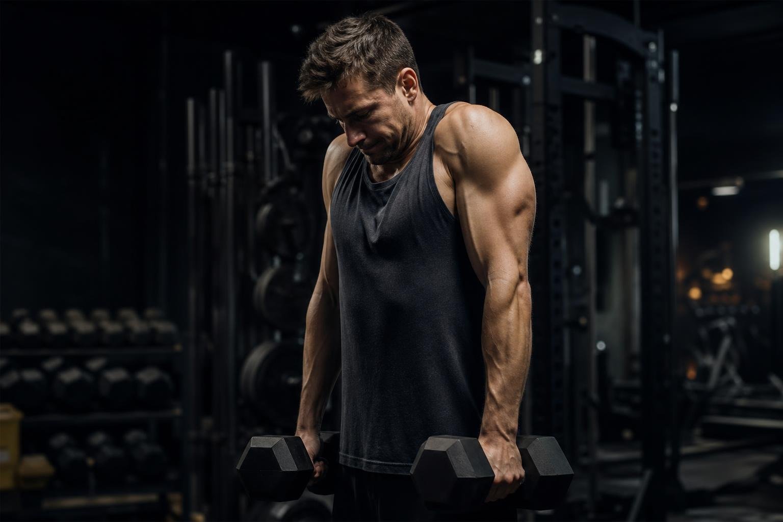 Athlete performing beginner trap exercises with dumbbells in a dark strength gym