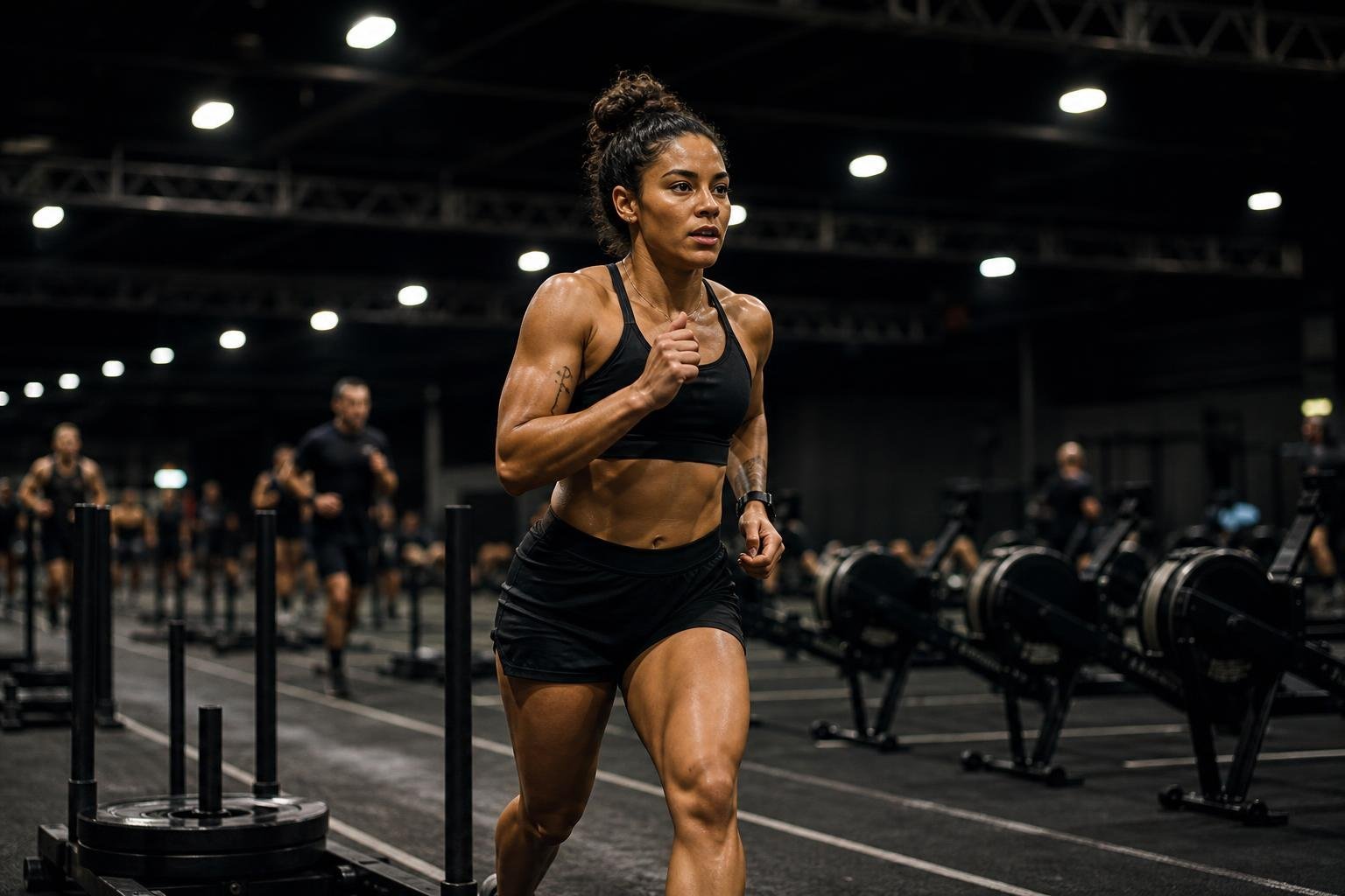 Athlete training in a HYROX investment story setting with running and gym equipment