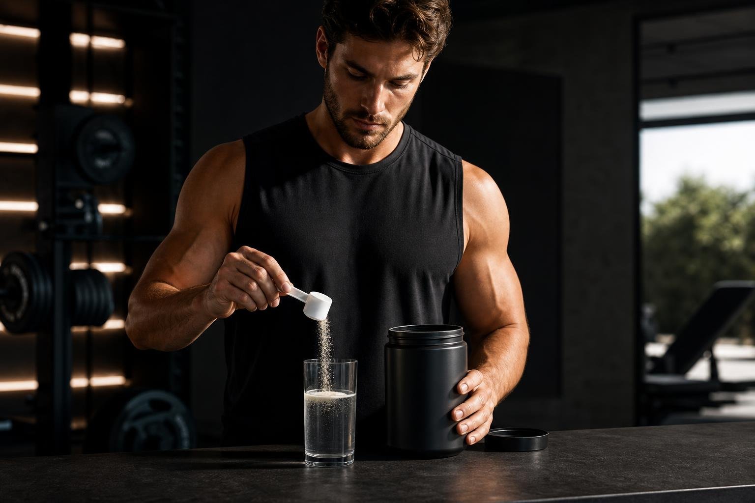 Athlete preparing marine collagen supplements beside a gym bag and water bottle