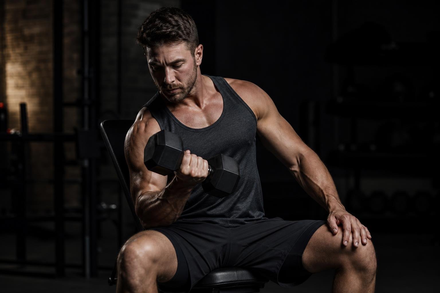 Athlete training arms with one pair of dumbbells in a dark gym