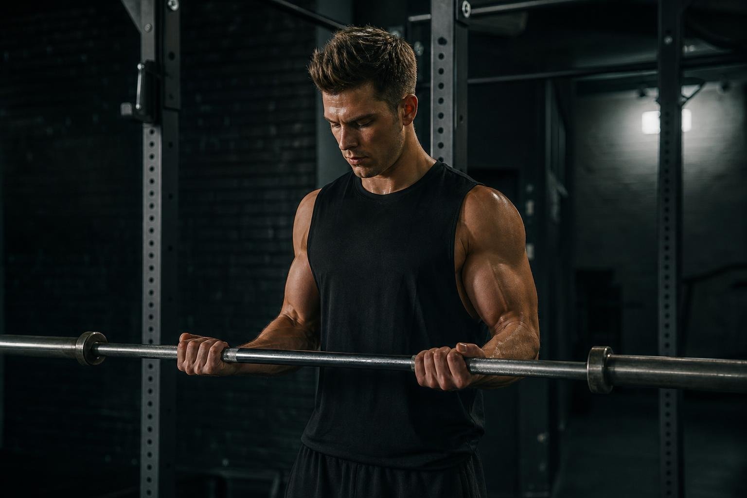 Athlete performing an empty barbell biceps workout in a dark gym