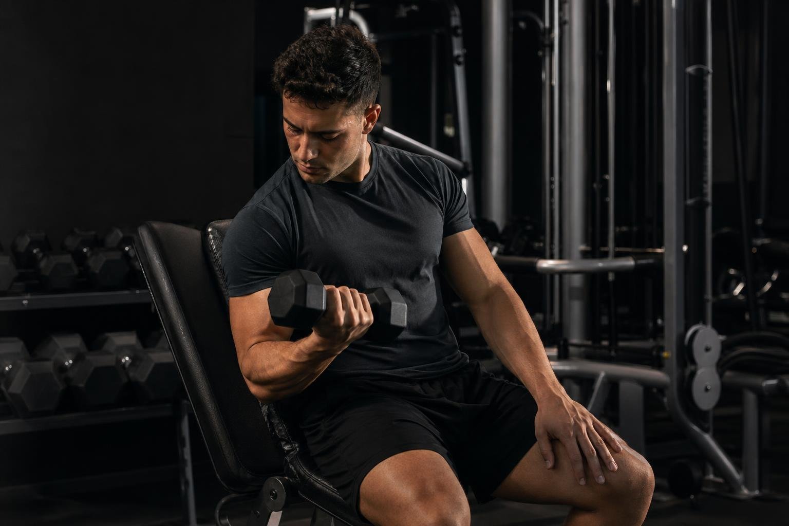 Beginner training with wider biceps exercises in a dark gym
