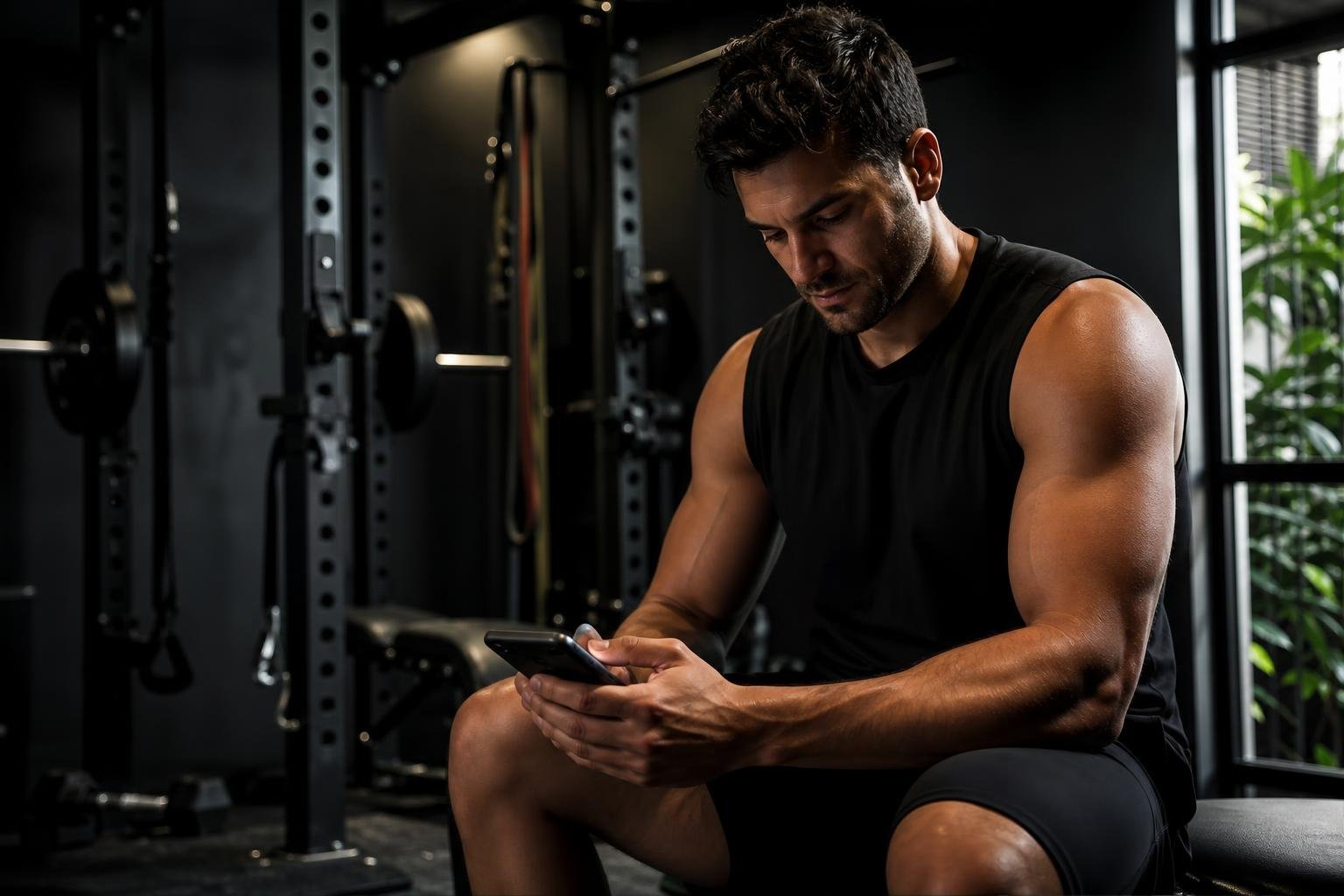 Athlete using the RITFIT app in a dark home gym