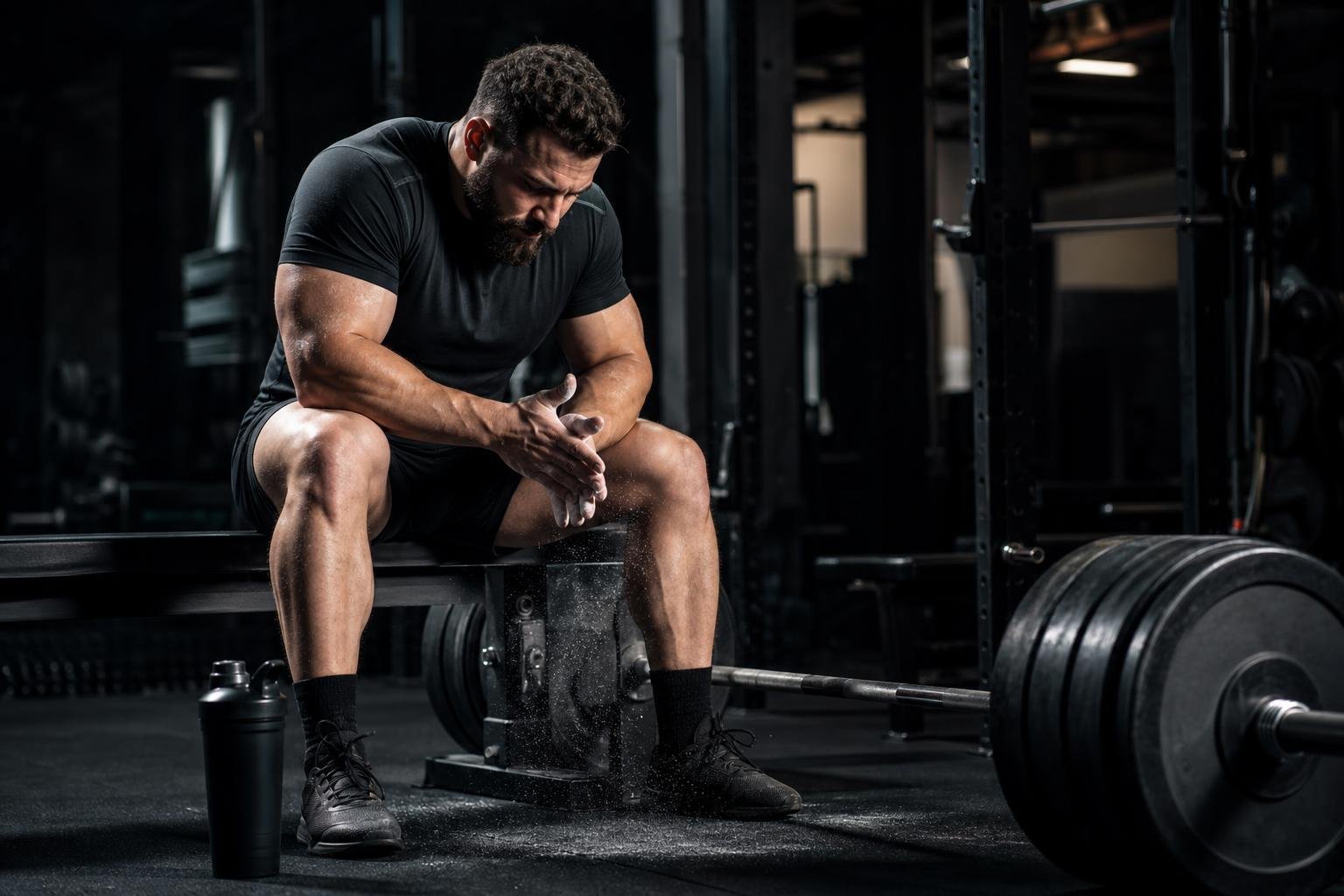 Strength athlete training with Creatine supplements beside the rack