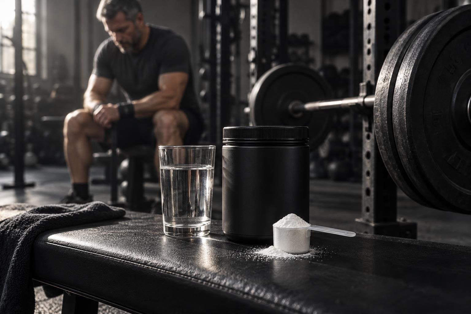 Creatine without exercise study represented by unbranded creatine powder in a gym
