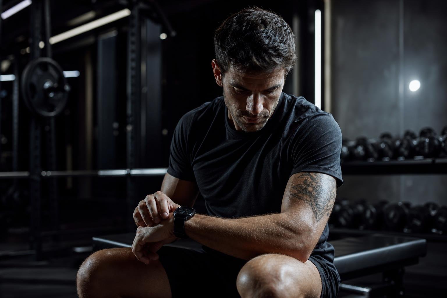 Garmin watches displayed beside training equipment in a dark premium gym setting