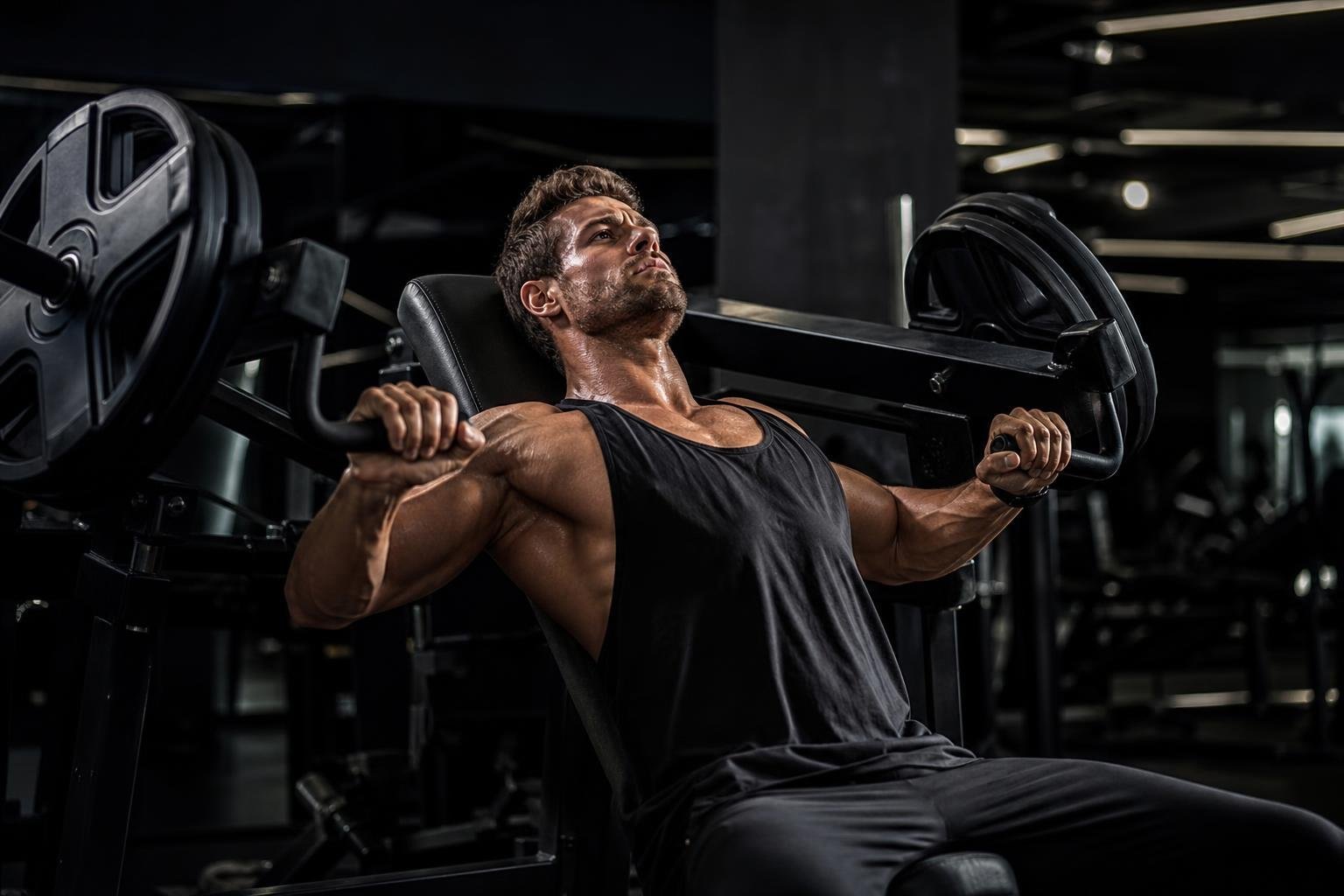 Athlete performing Lower Pec Exercises in a dark premium gym