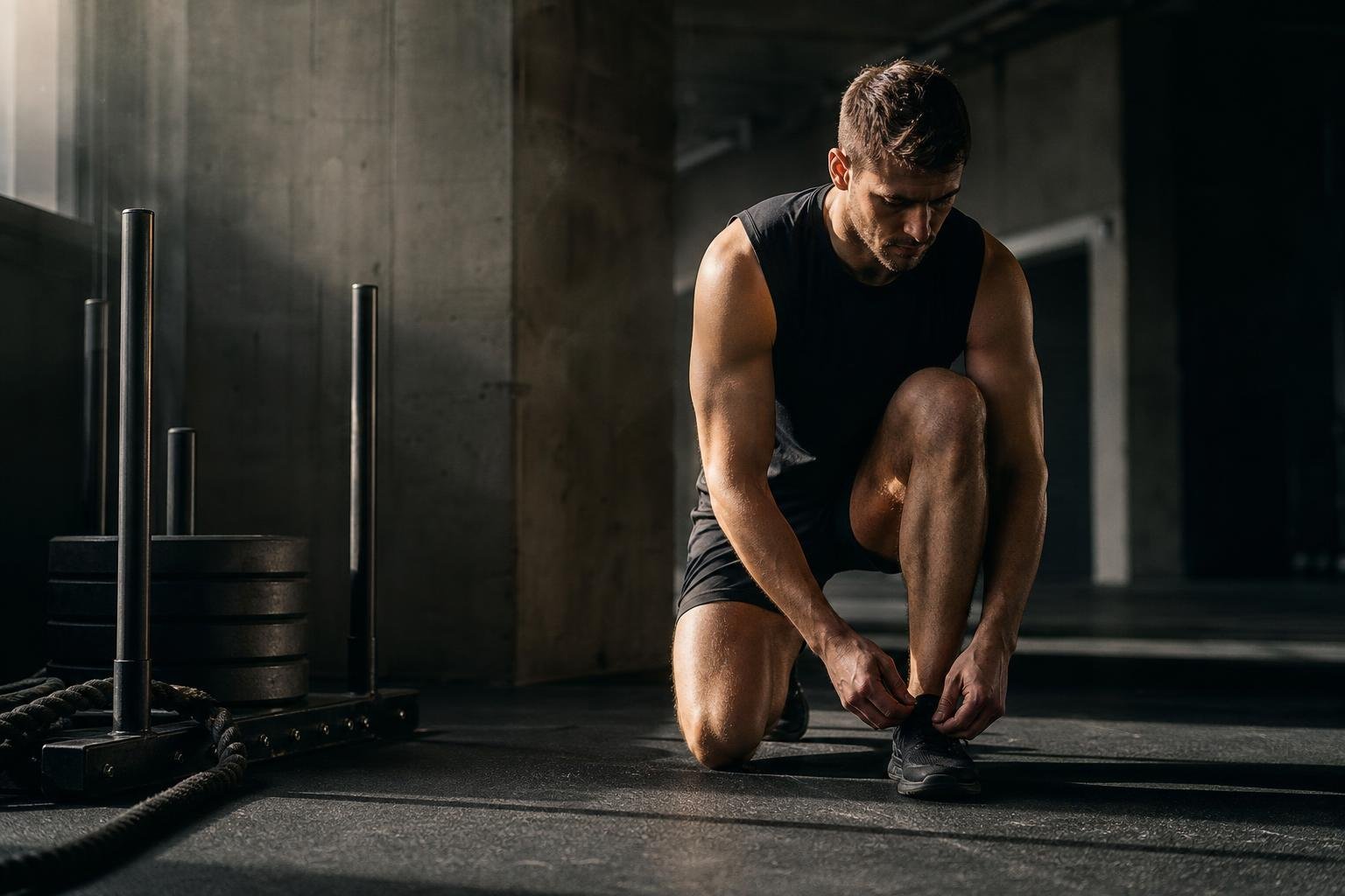 Jon Wynn preparing for a HYROX training session in a dark performance gym