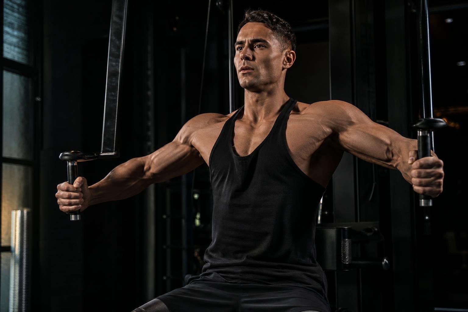 Athlete training for bigger pecs without the bench press in a dark gym