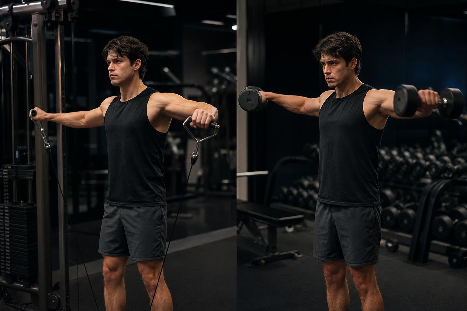 Cable vs Dumbbell Lateral Raises setup in a dark premium gym