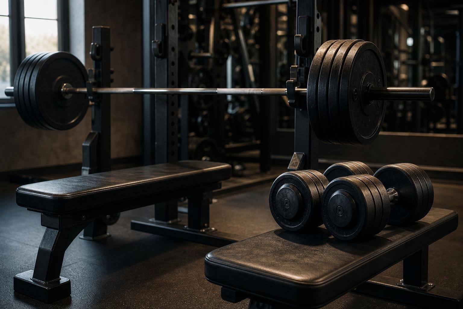 Barbell vs Dumbbell Bench Press setup in a dark premium gym