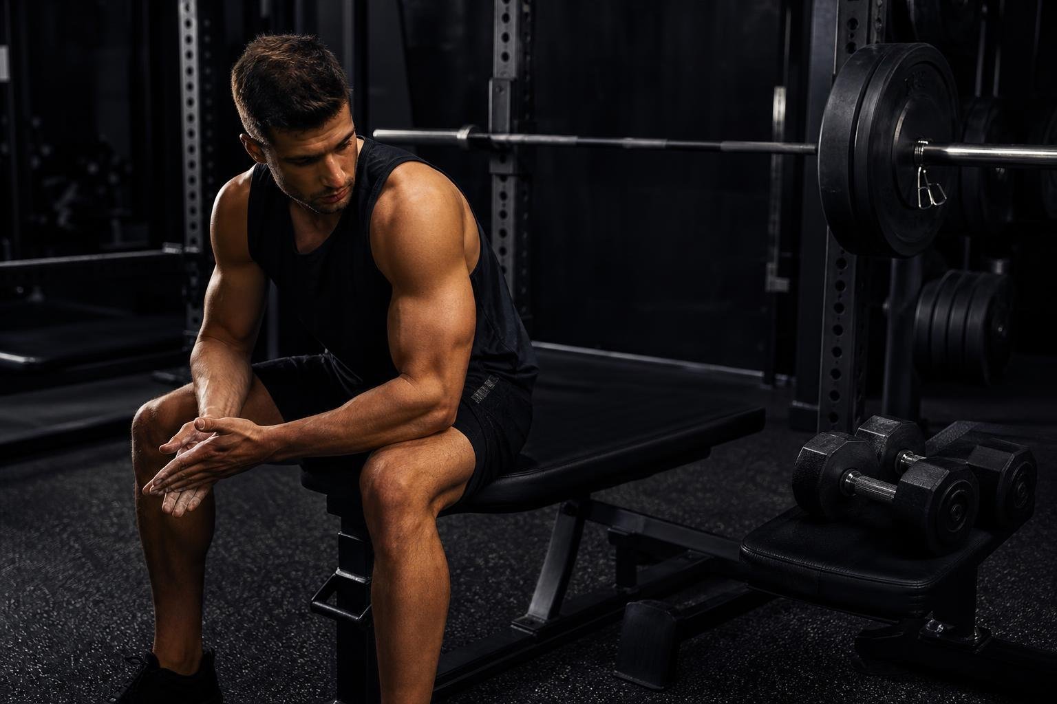 Barbell vs Dumbbell Bench Press setup in a dark premium gym
