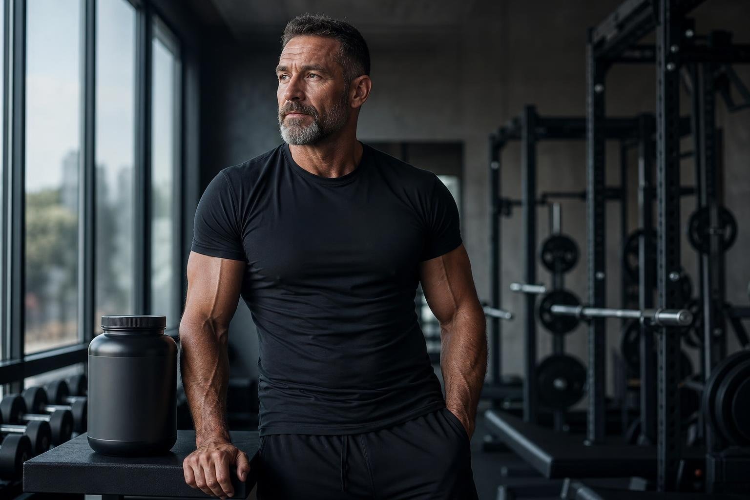 Mature athlete considering saw palmetto in a dark premium gym setting