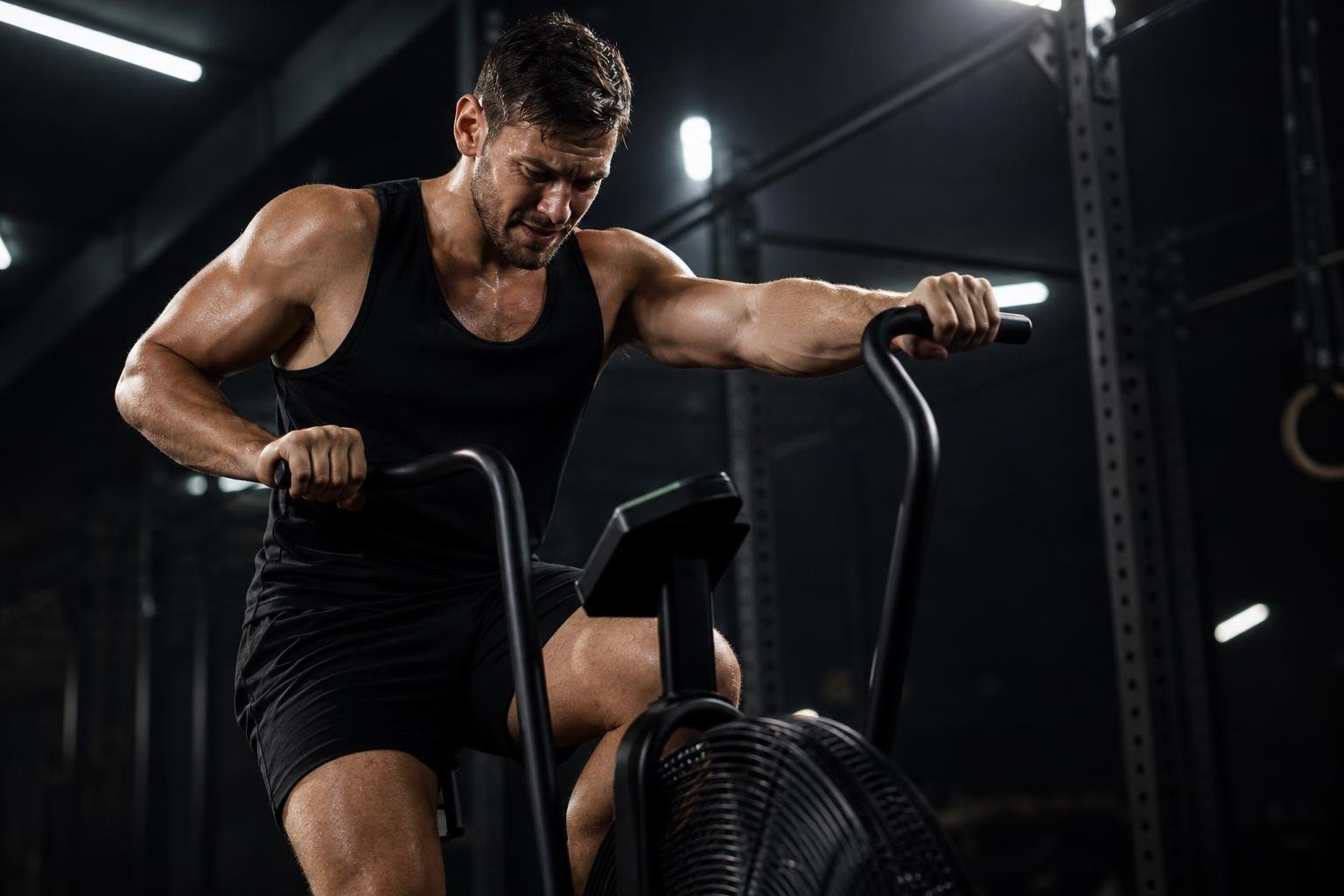 Athlete training on the REP Strive Air Bike in a dark performance gym