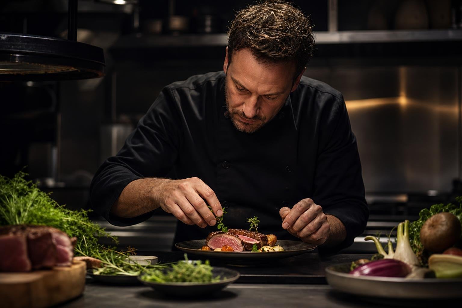 Chef plating a composed dish in a dark restaurant kitchen