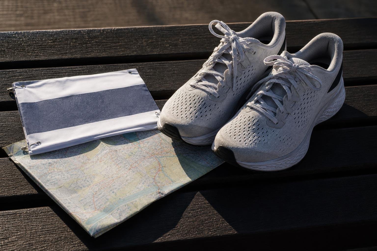 Runner crossing a city bridge at sunrise in a carbon-plated racing shoe